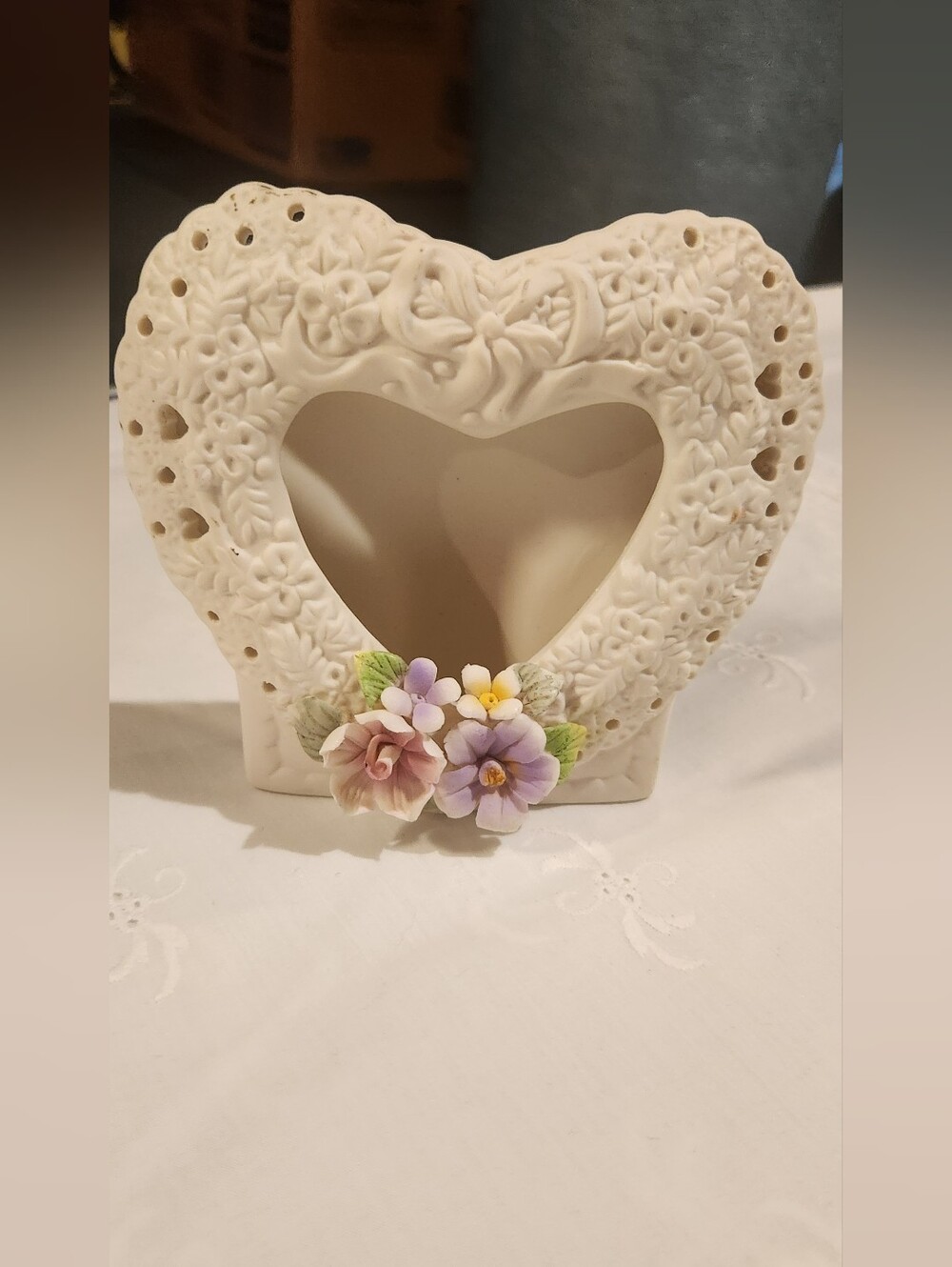 Vintage Porcelain Heart Shaped Ivory Picture Frame